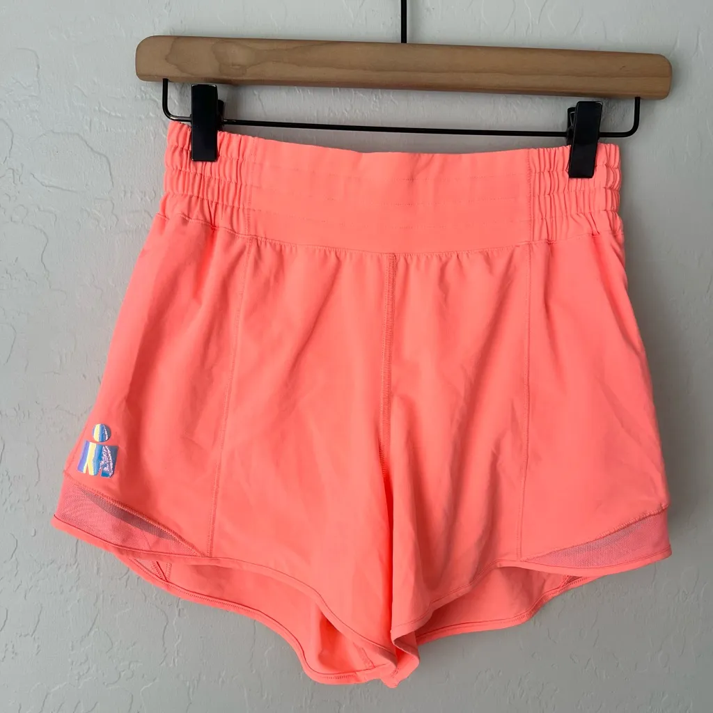 Lululemon hotty hot shorts iron man logo 4 tall neon coral - Image 3