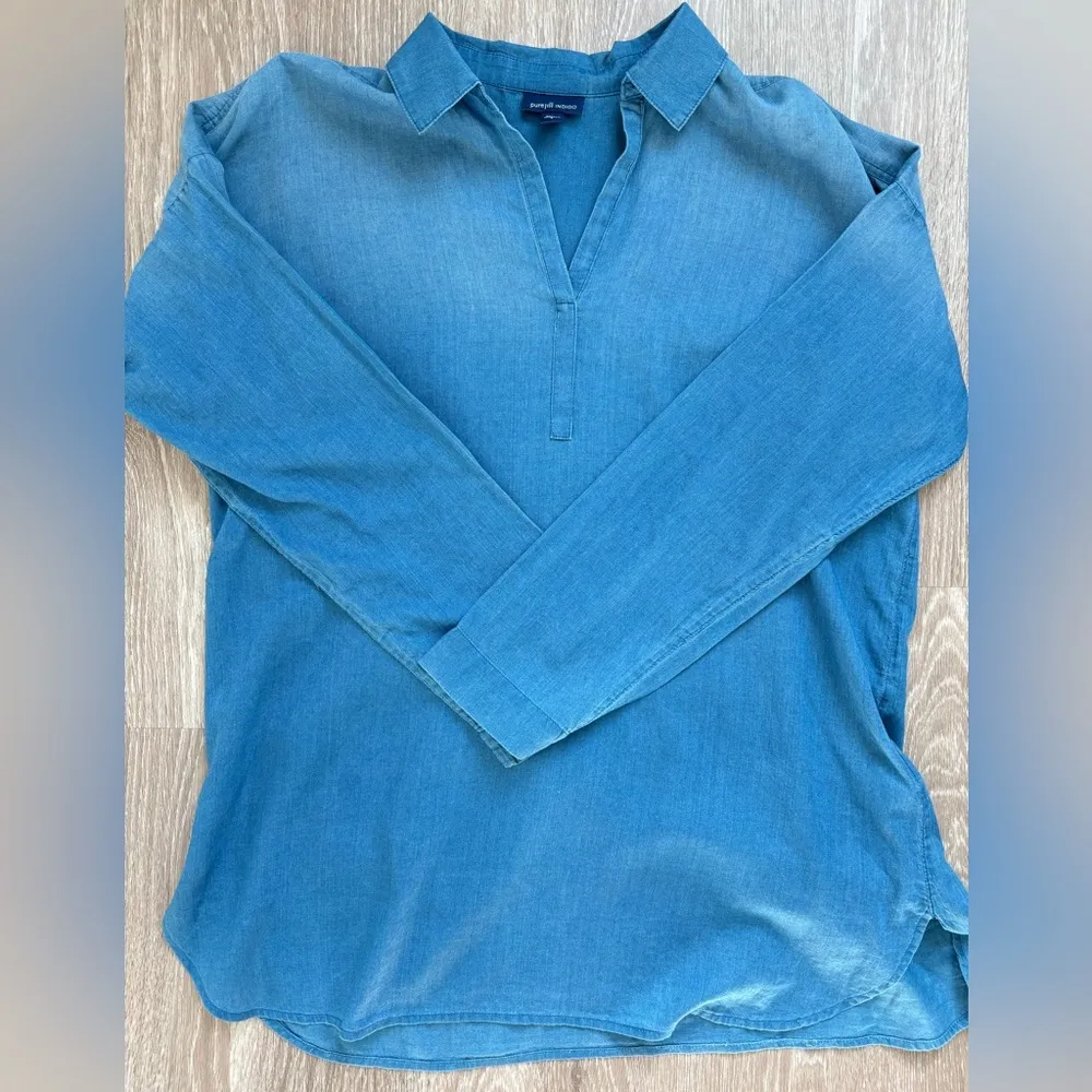 J. Jill Top Womes Size Small Cotton Chambray‎ Tunic Minimalist Western Desert Blue - Image 4