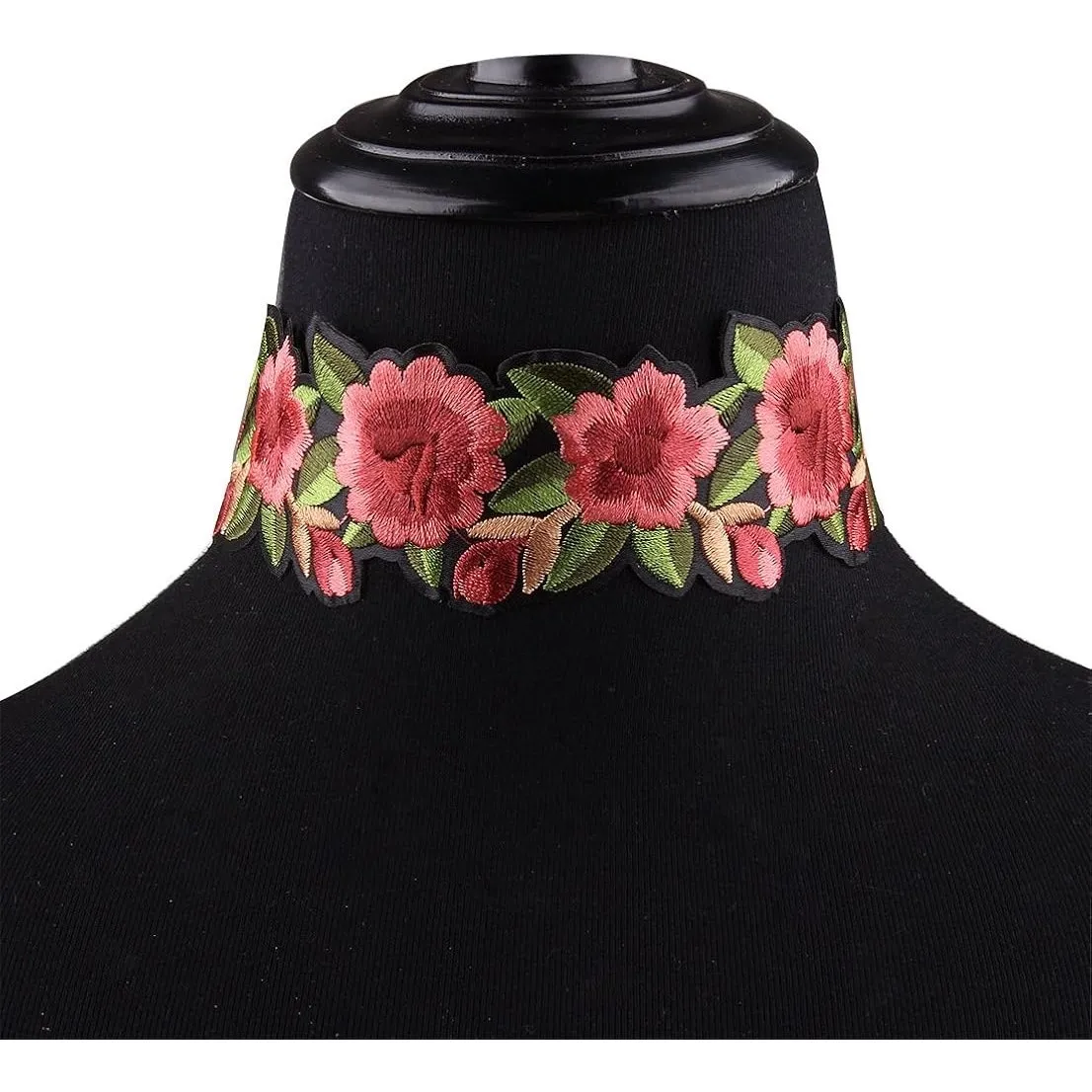 Embroidered Floral Patch Choker Necklace Pink Green Black Adjustable NWOT - Image 15