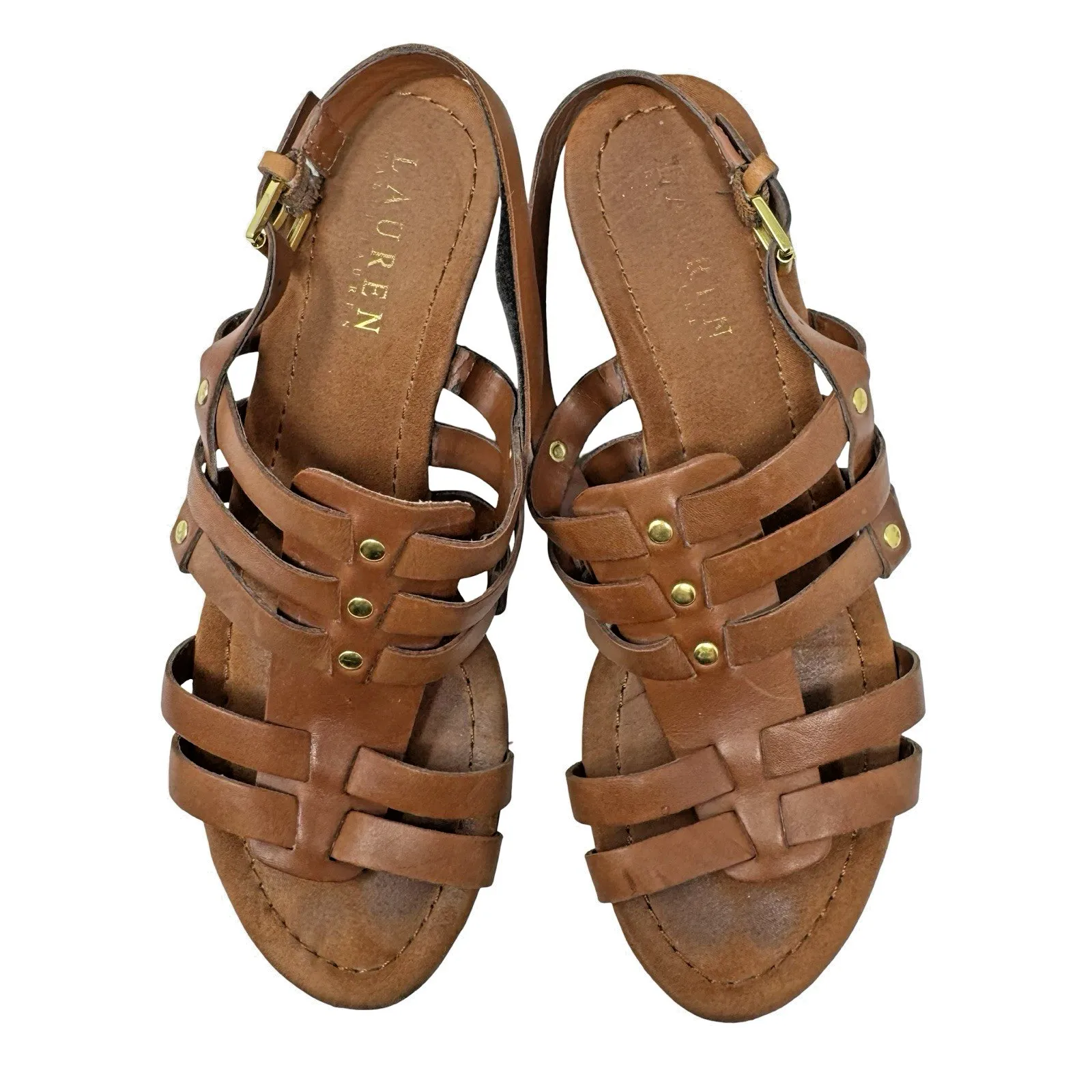 Lauren Ralph Lauren LRL Sandals Lucetta Brown Tan Leather Strappy Buckle Wms 7B - Image 2