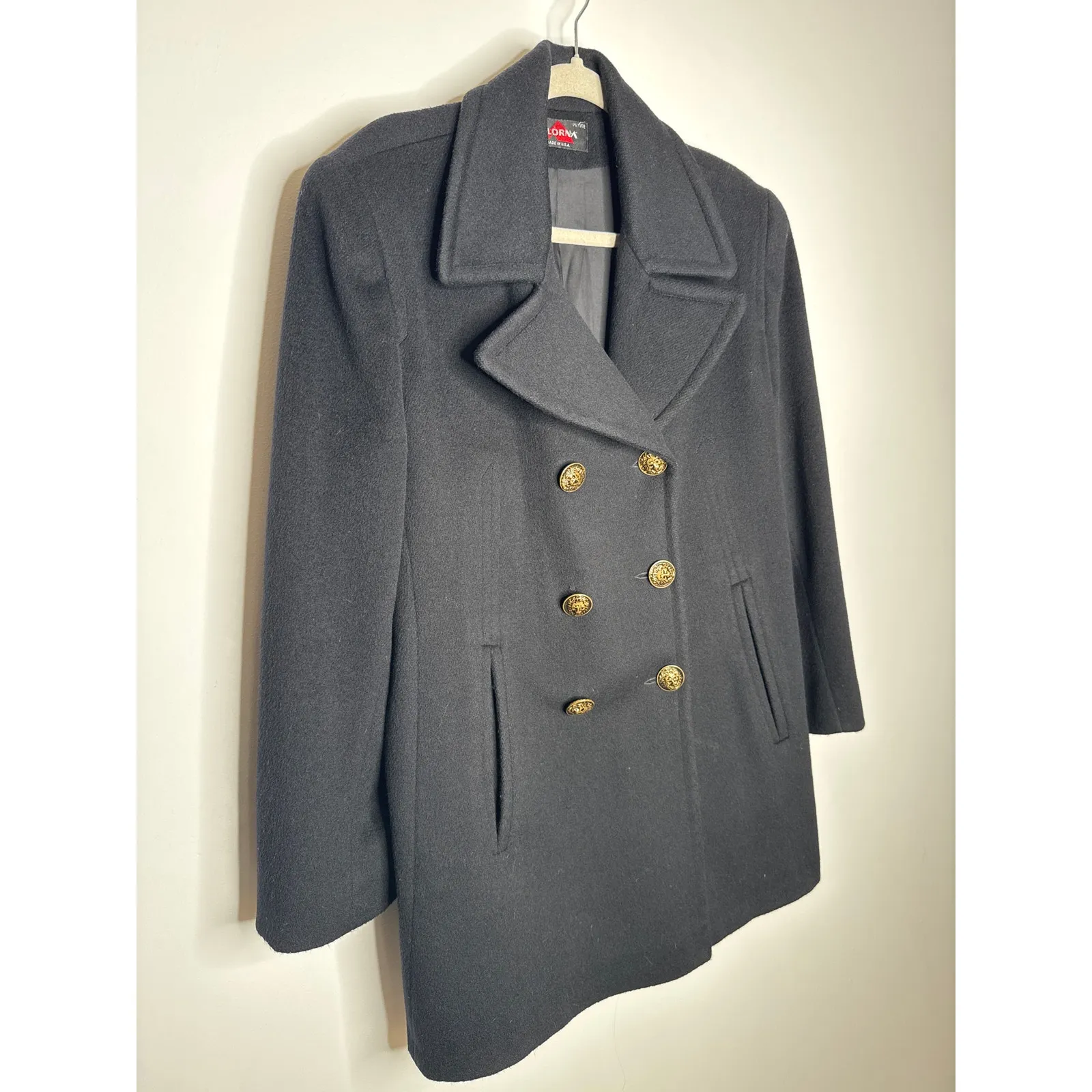 Vintage Alorna Black Wool Peacoat 1980s Petite Gold Lion Buttons M to L - Image 5