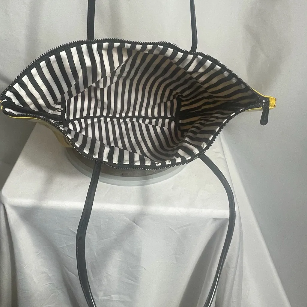 Marc Tetro Dachshund Dog Tote Bag Yellow Vinyl Shoulder Bag Striped Lining - Image 5