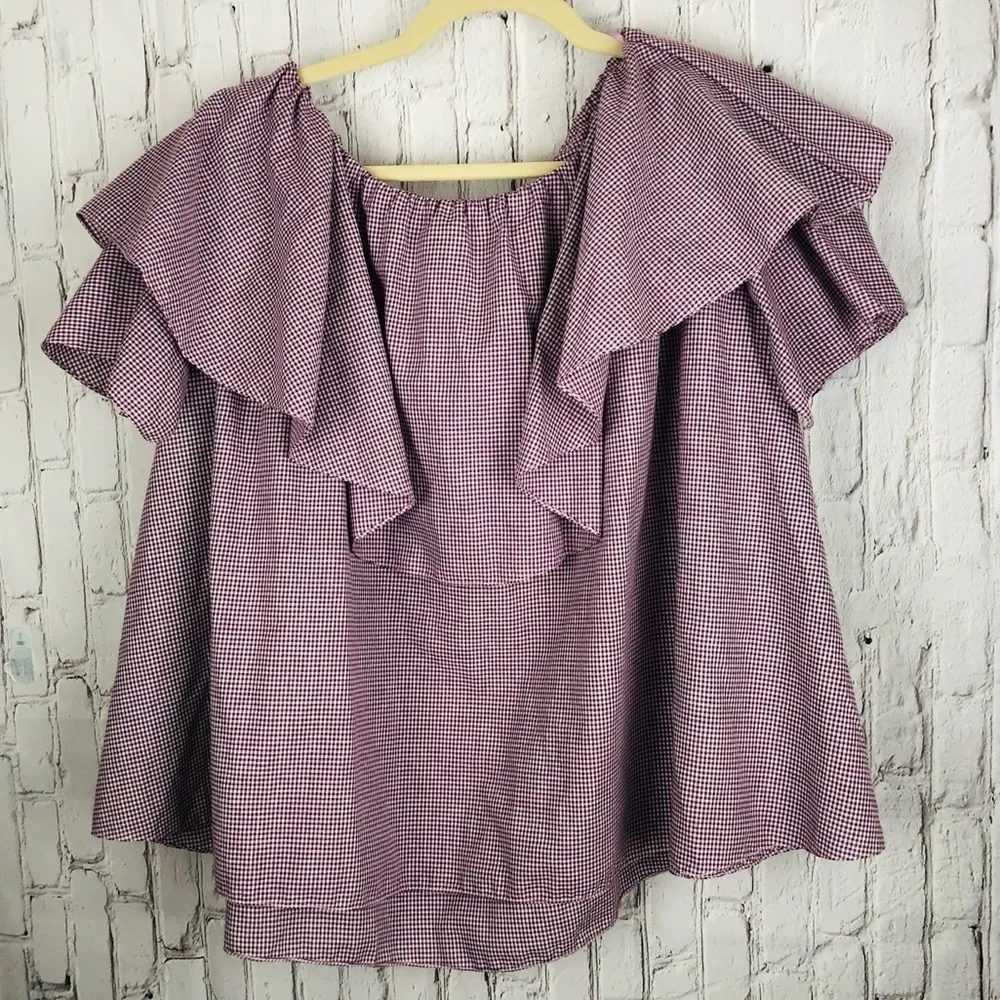 BERRY GINGHAM OFF SHOULDER BOHO BLOUSE LARGE - Image 2