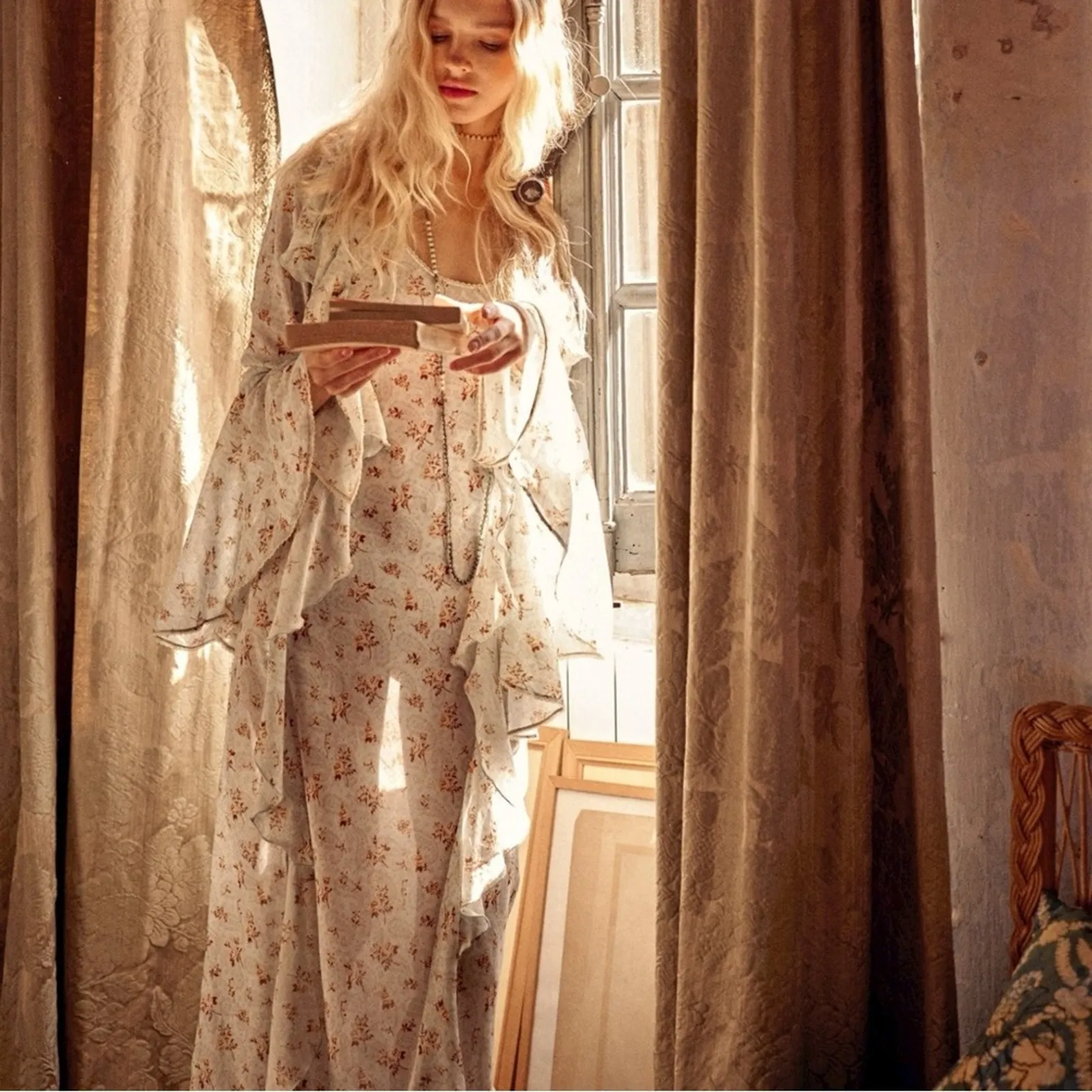 Spell & The Gypsy Ethereal Bohemian Witchy Fleur Frill Bias Maxi Dress Medium White - Image 14