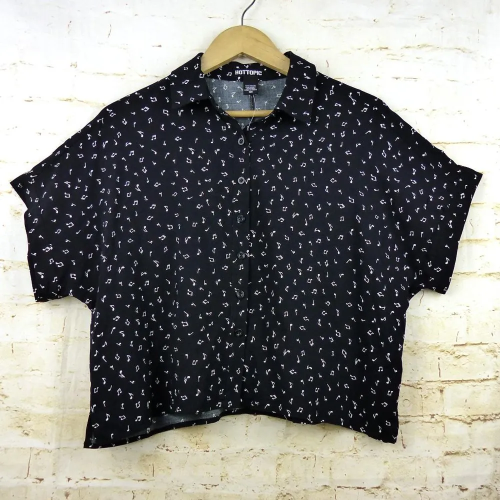 Hot Topic Music Notes Oversized Crop Button-Up Top Womens Black Goth Rock Grunge - Image 3
