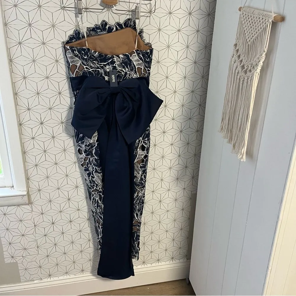 Marchesa Notte Navy Bow Back Lace Strapless Midi Dress Blue Size 4 - Image 6