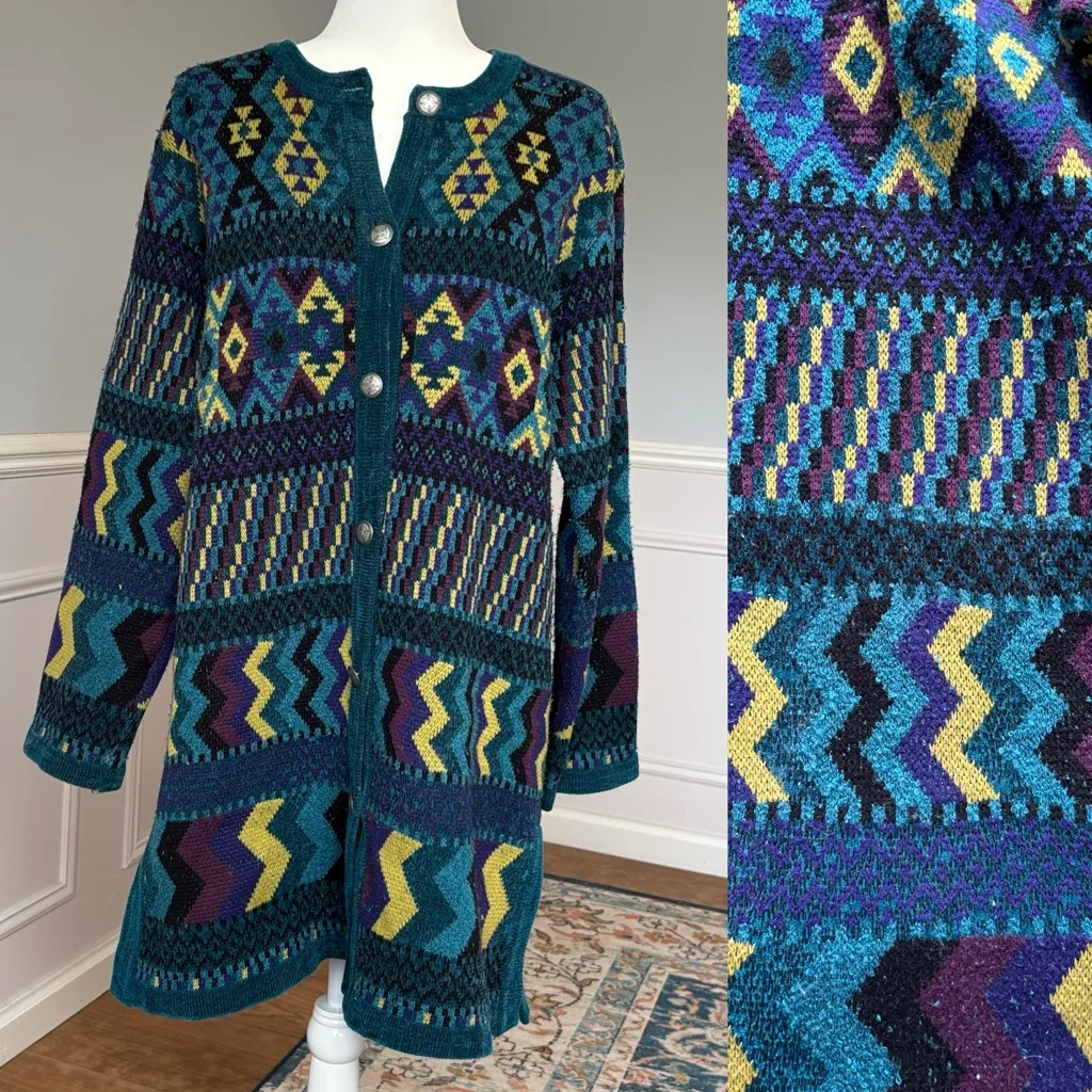 Chico's Multicolor Geometric Knit Cardigan Vintage 90s Southwest Bohemian Sz L - Image 3