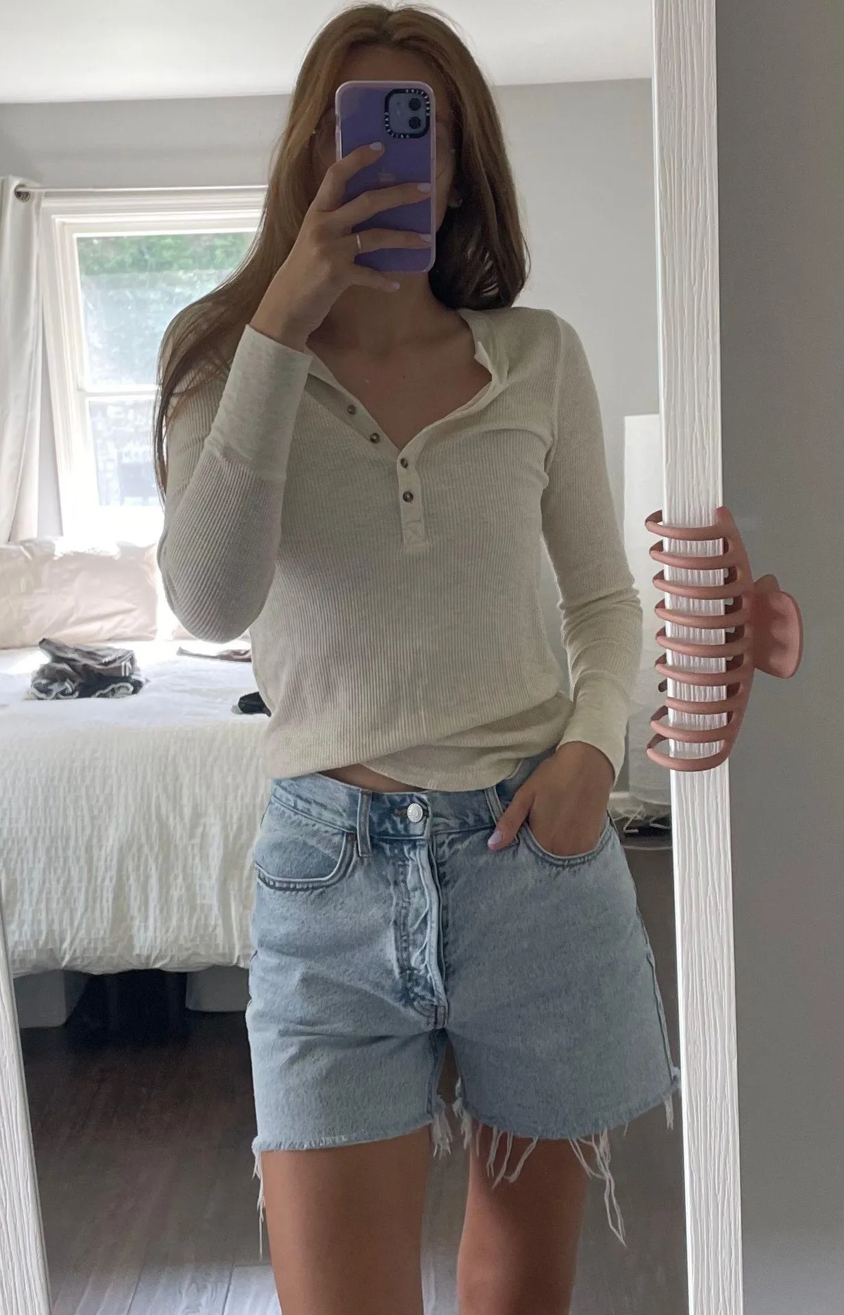 Aerie Waffle Knit Half Button Up Cream Long Sleeve - Image 4