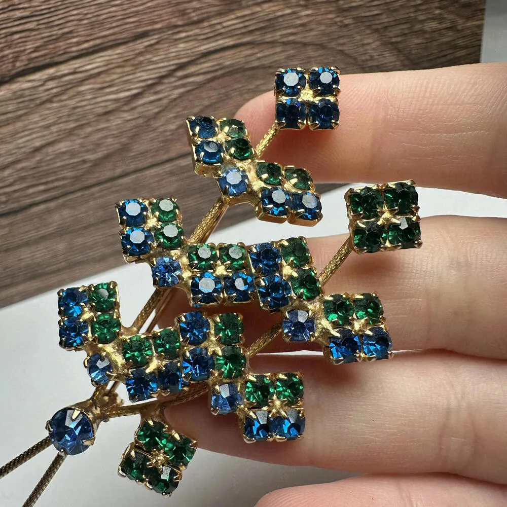 Green & Blue Prong Set Rhinestone Spray/Sprig Large Brooch Pin Vintage Gold - Image 6