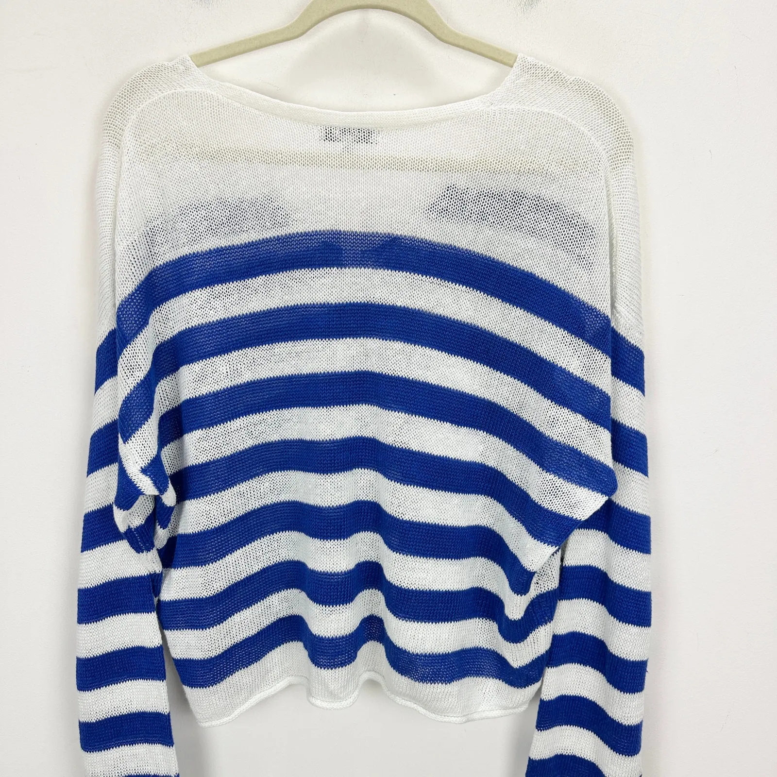 Madewell Linen V Neck Sweater Striped Sapphire Blue Relaxed Nautical Small NWT - Image 13