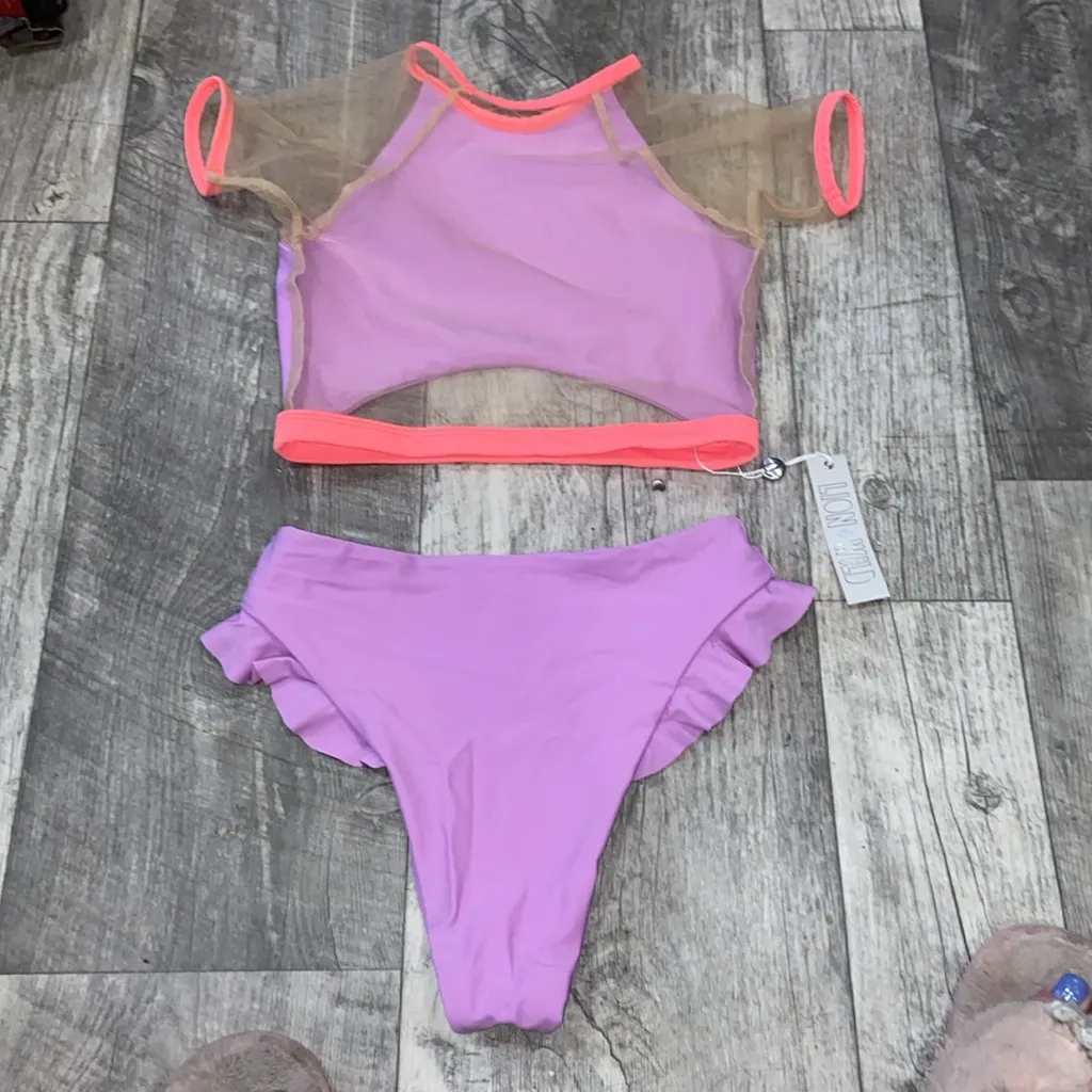 NEW LION WILD LAVENDER & ORANGE BIKINI Light Purple Sheer Back Ruffle Neon - Image 6