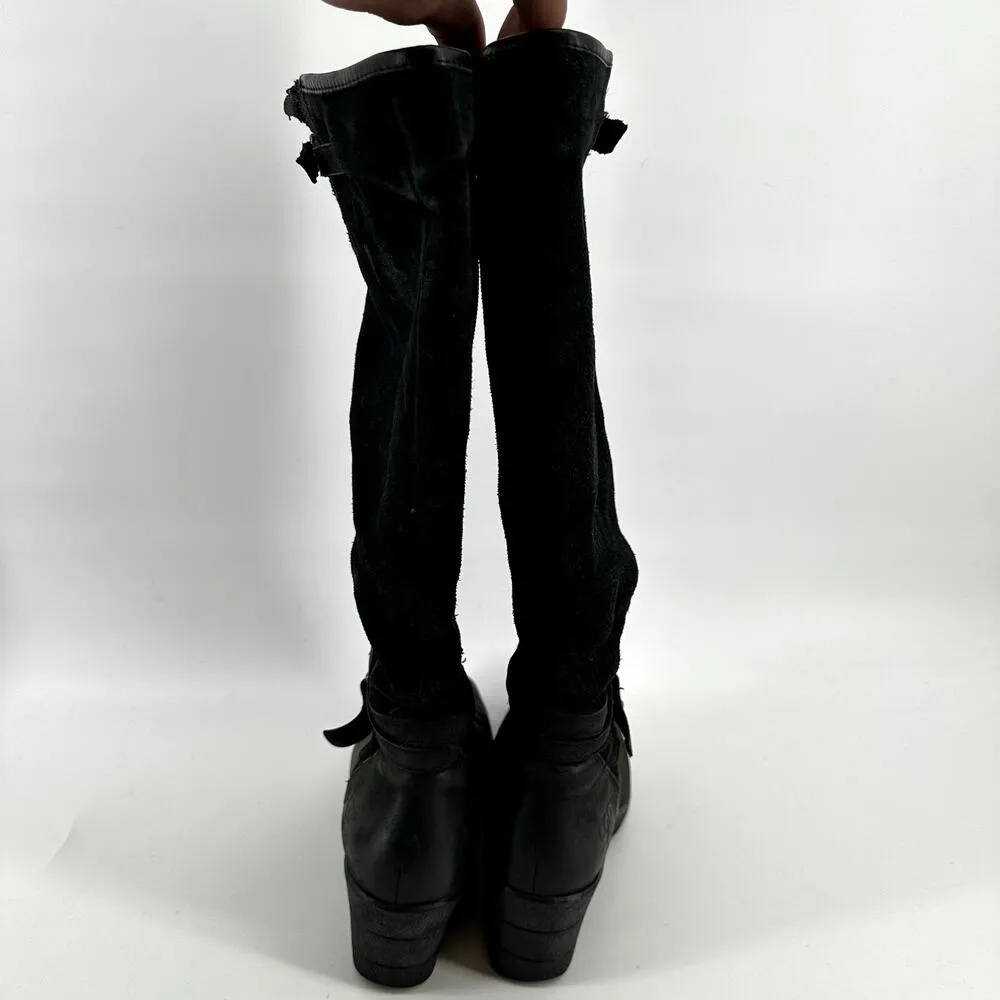 UGG Lesley Wedge Knee High Boots Waterproof Buckle Zip Suede Leather Black 6 - Image 4
