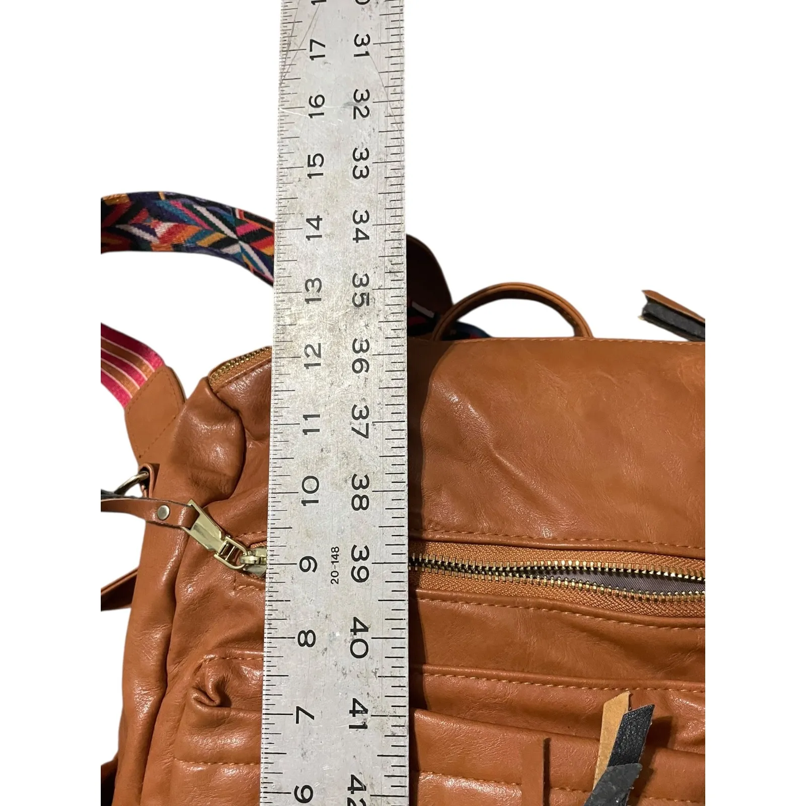 Convertible Backpack Shoulder Bag Brown Faux Leather Colorful Strap Travel - Image 3