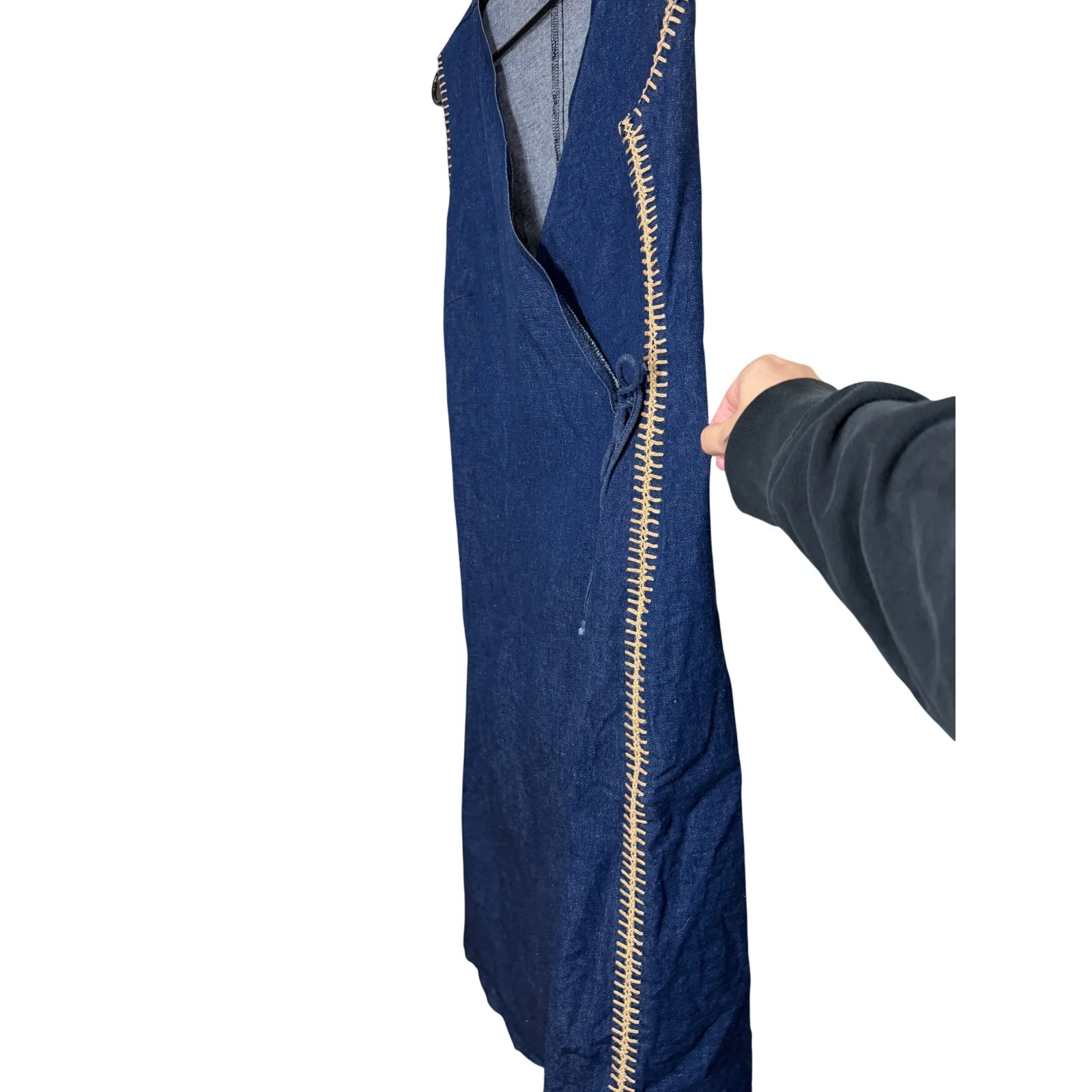 Pa Pa's USA Women Denim Wrap Dress Sleeveless Midi Blue Tan Stitching Size M - Image 4