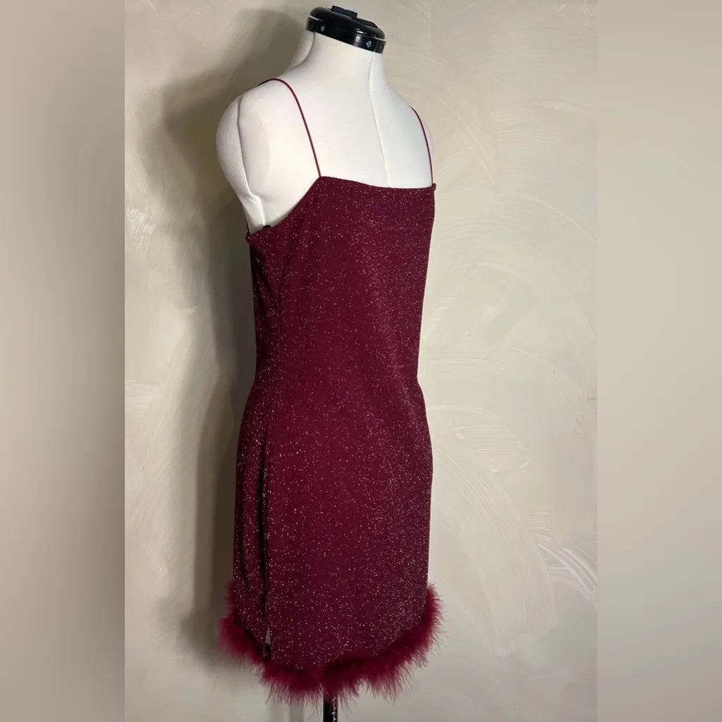 Jump Apparel Women’s Metallic Feather Trim Spaghetti Straps Wine Minidress|Sz:XL Red - Image 6