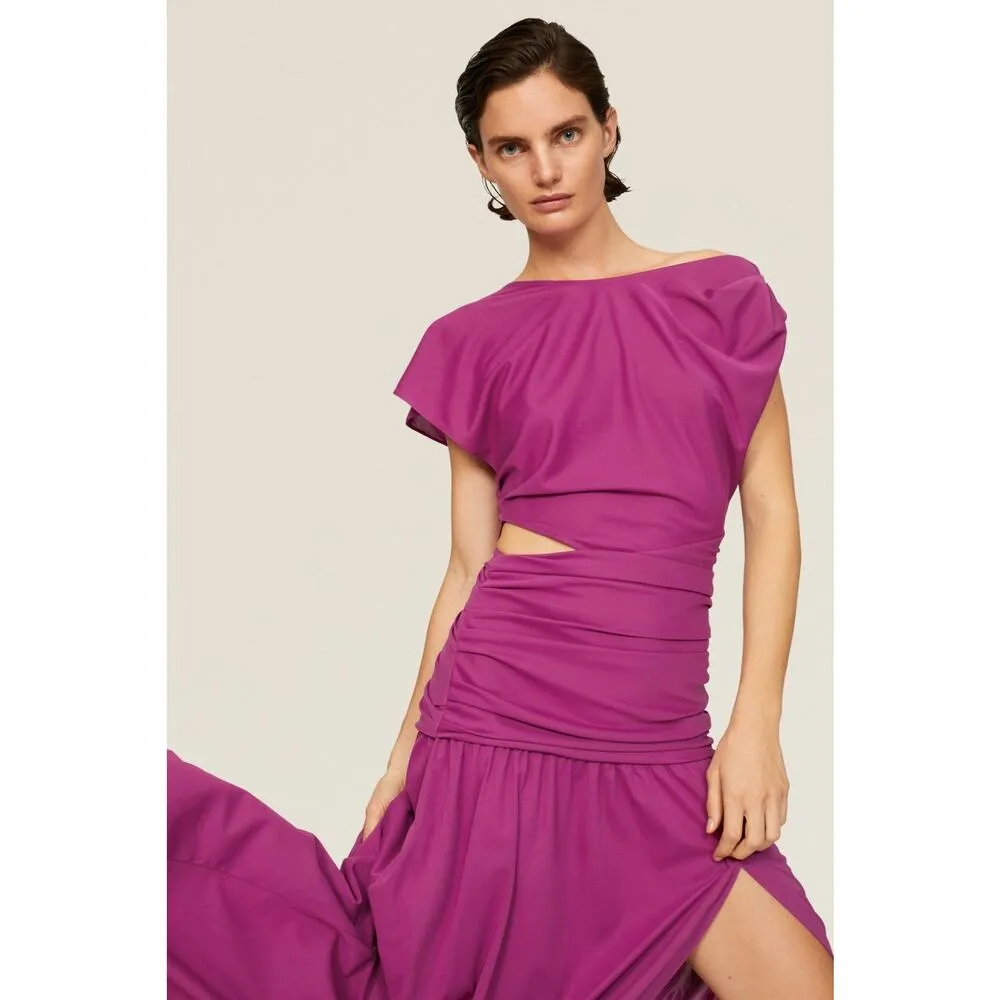 Tanya Taylor Nami Purple Asymmetric Boat Neck Draped Cap Sleeve Gown Size 10 - Image 4