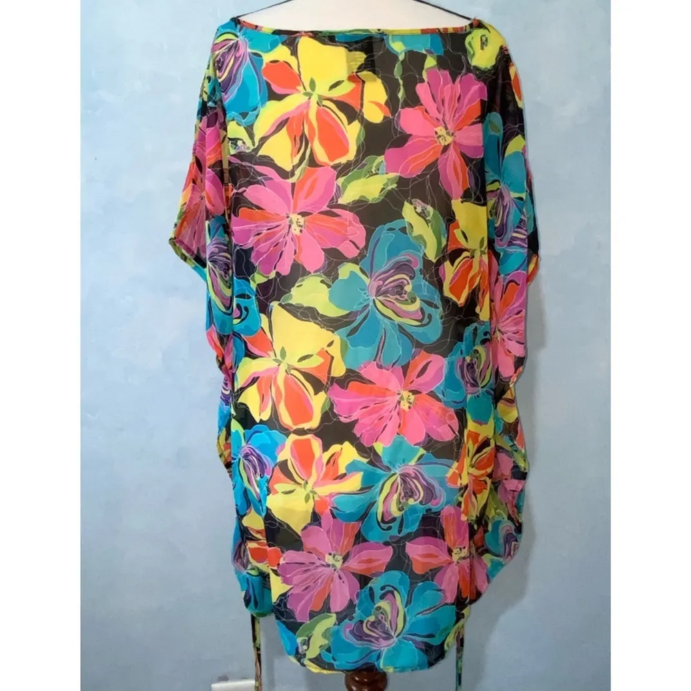 Vertigo Semi-Sheer Vibrant Floral Drawstring Cinched Sides Top Or Swim Cover XL - Image 6