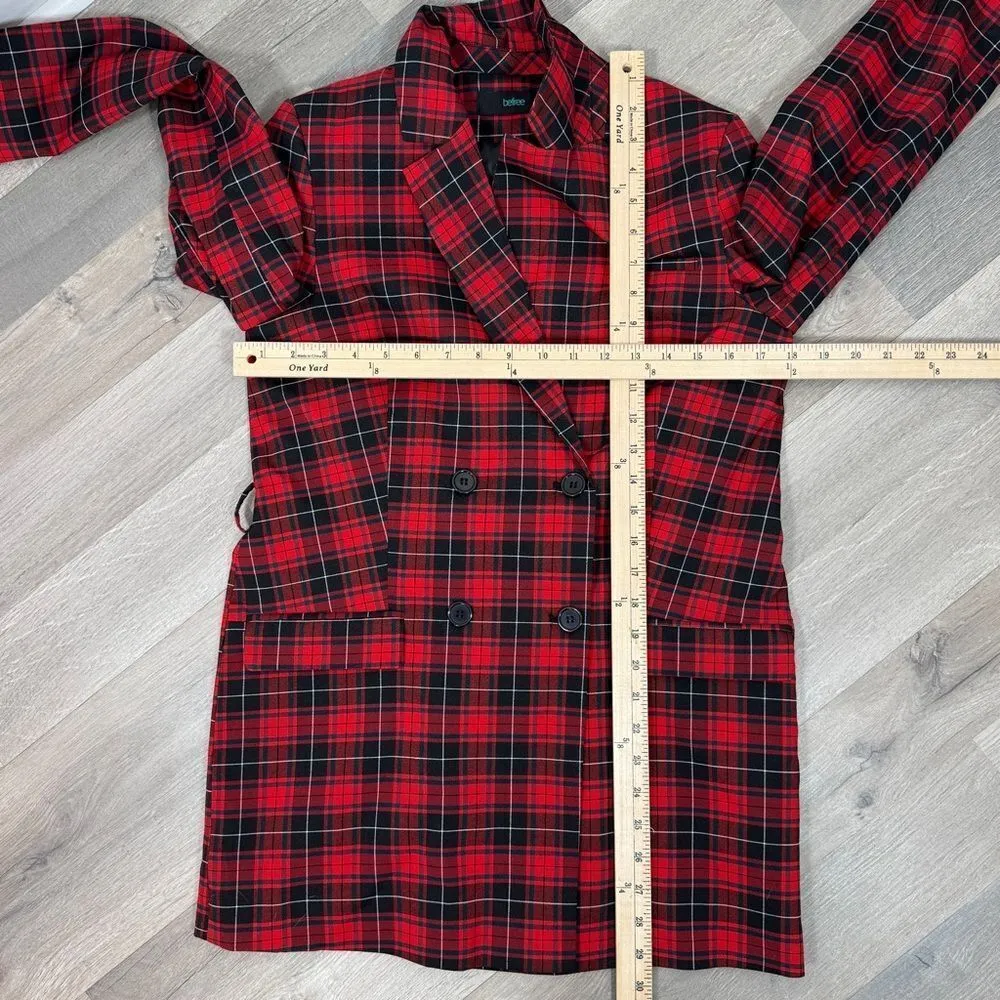 BeFree Tartan Plaid Double Breasted Tie Waist Trench Overcoat Red XS - Image 13