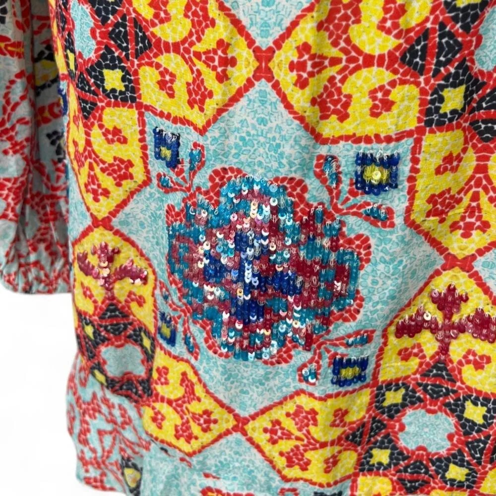 ROCOCO SAND S Mini Dress Wrap Ruffle Hem V Neck REVOLVE Sequin Applique - Image 5