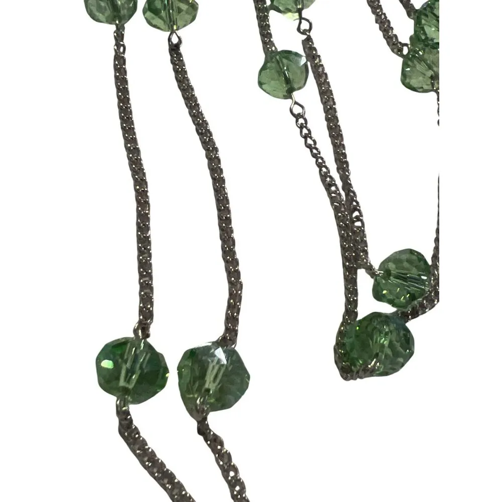 You and I Long Silver Tone Necklace Green Glass Faceted Beads Double Triple 75" - Image 2