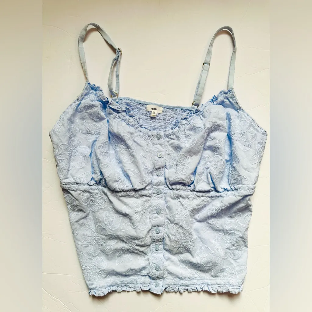 Aerie Embroidered Lace Button-Up Top Women’s Sz XXL Light Blue Cotton - Image 3