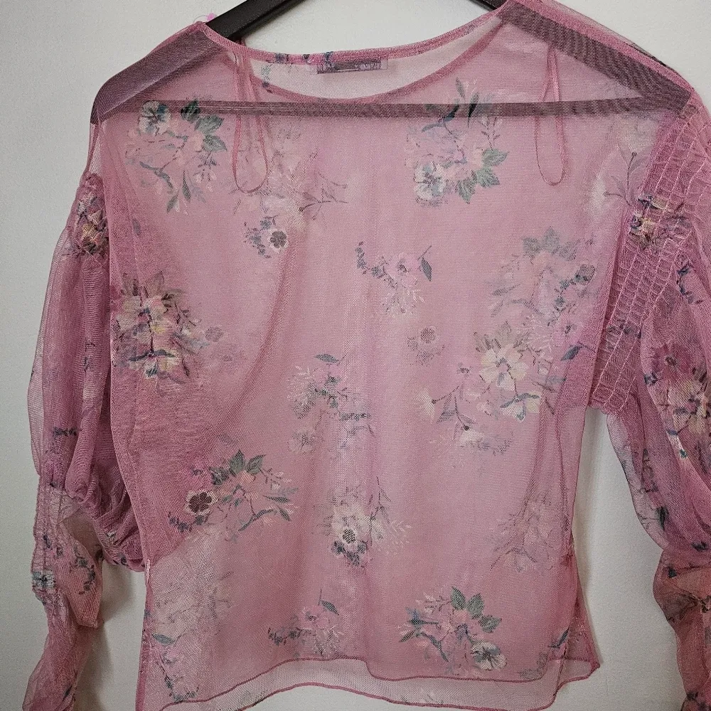 Zara Blouse Tulle Sheer Floral Pink Puff Sleeves Long Sleeve Casual Crewneck - Image 8