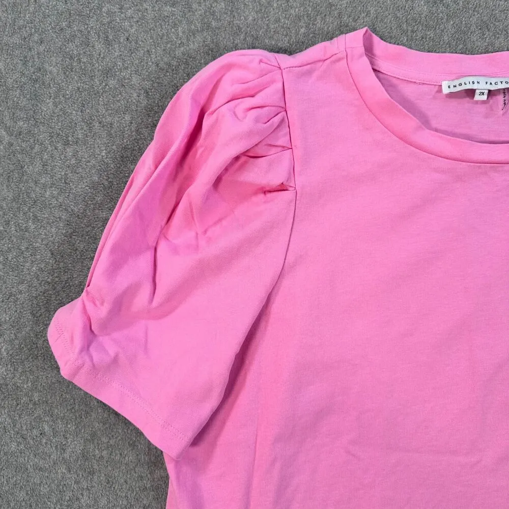 English Factory Puff Sleeve Tee Shirt Blouse Women's 2X Pink Crew Neck - Image 2