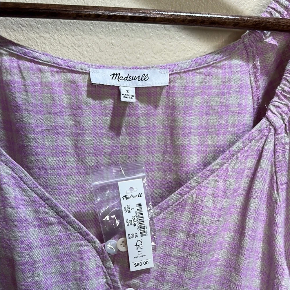 NWT Madewell small Linen-Blend Puff-Sleeve Button-Wrap Top in Plaid - Image 2