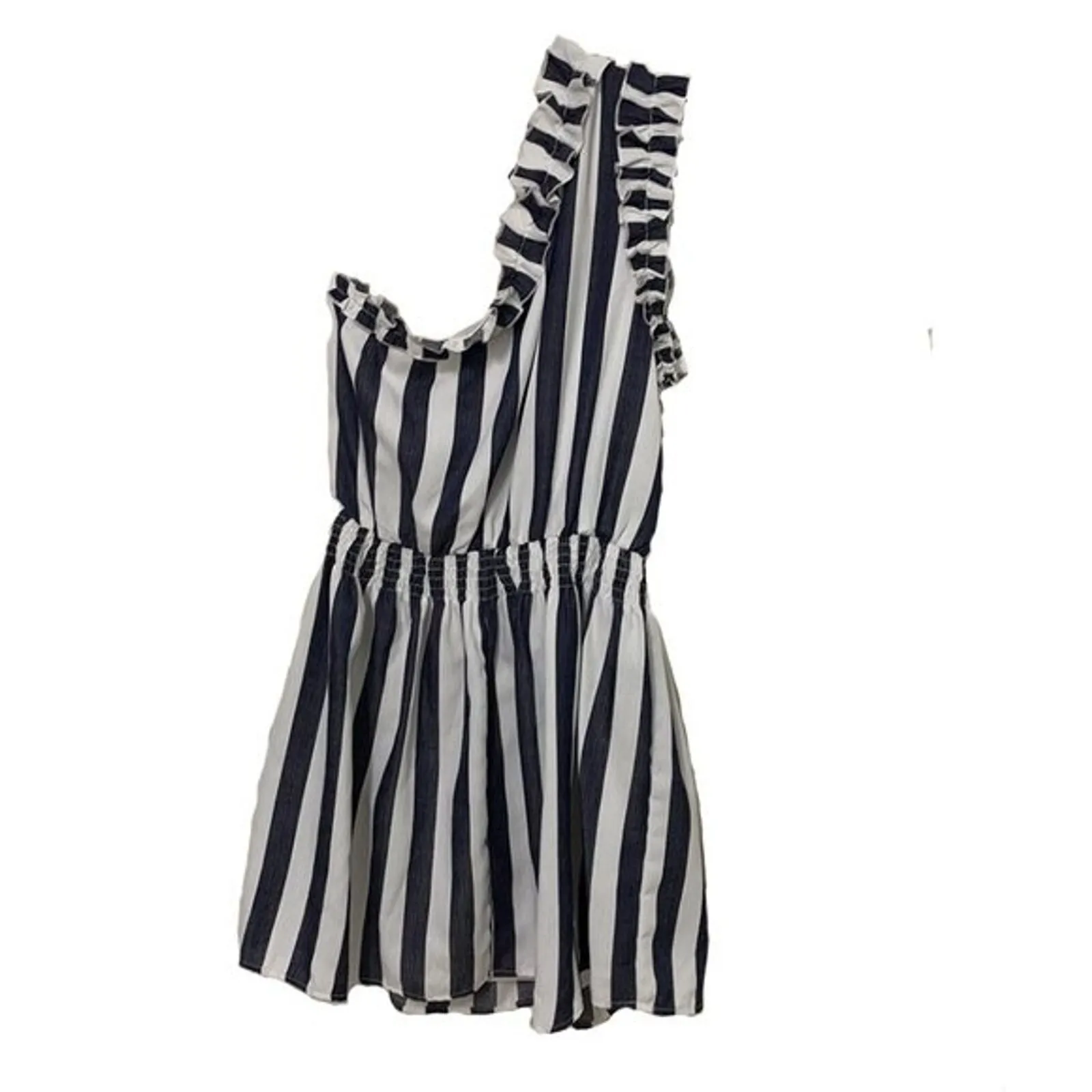 Entro Blue Mini Dress Women's Size L One Shoulder Ruffled Striped NEW - Image 4