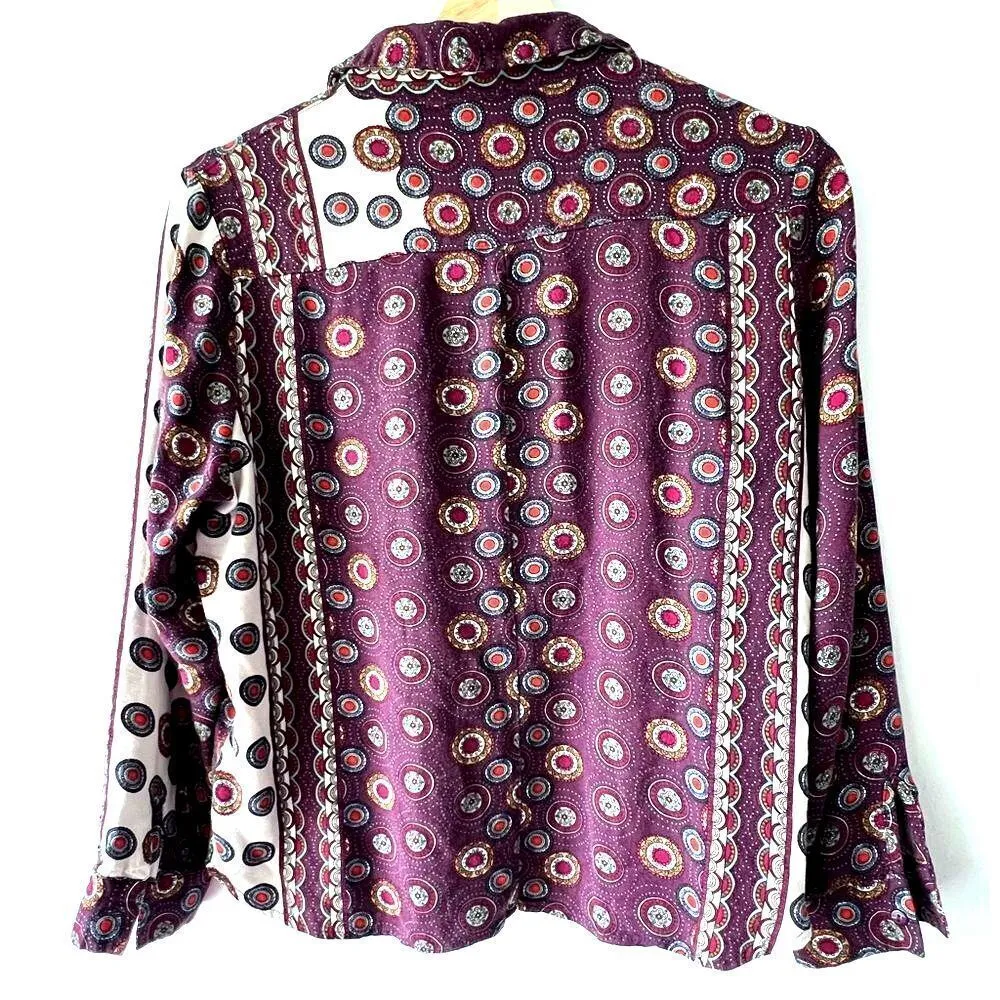 NATURA anthropology Womens Blouse print boho chic Long sleeve viscose S Purple - Image 11