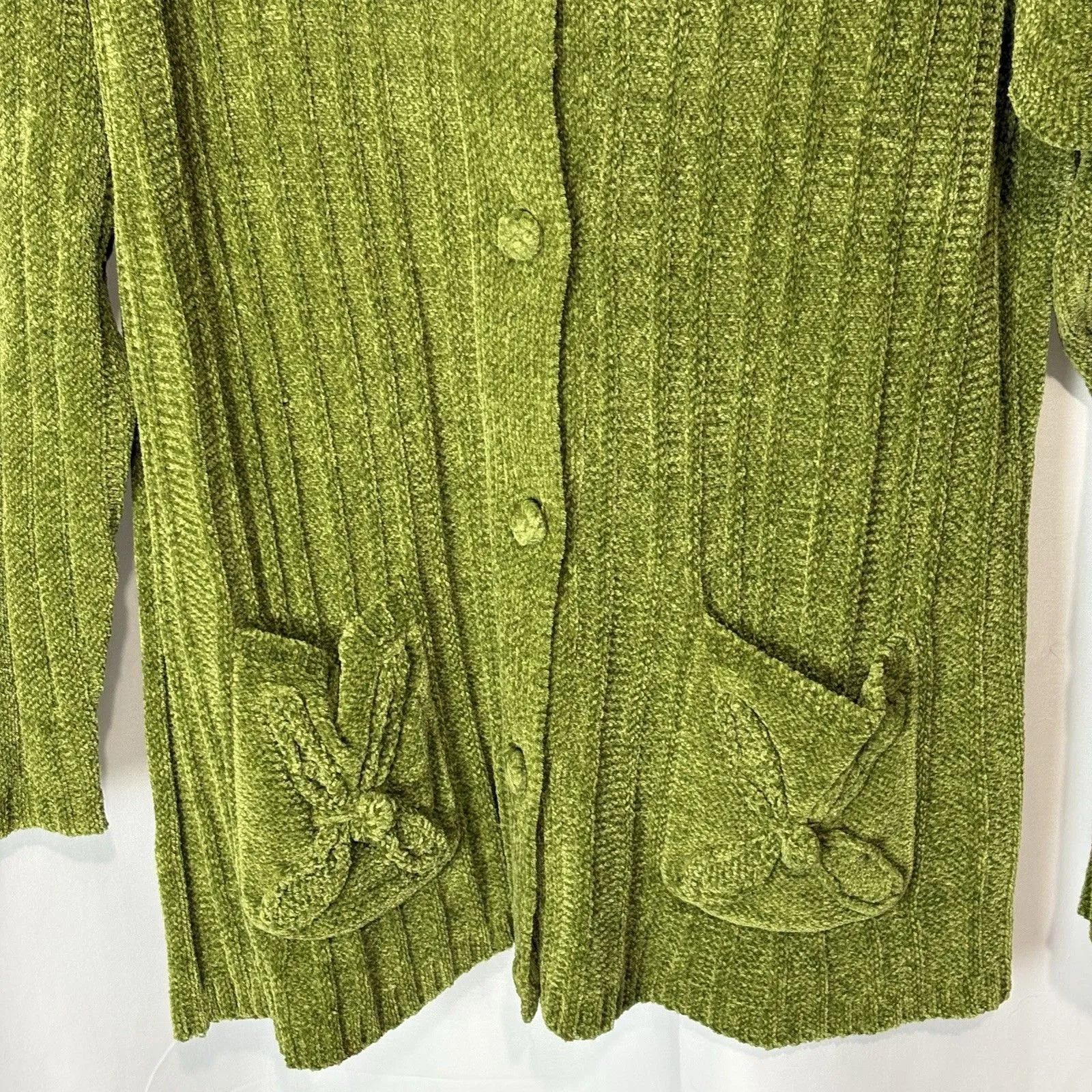 Vintage 90s Small Chenille Sweater Cardigan Peter Pan Collar Pockets Green Cozy - Image 3