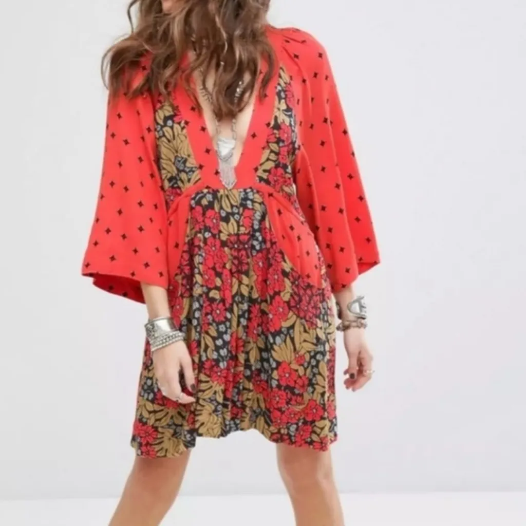 Free People Tallula Poppy Orange Deep-V Mixed Floral Boho Dress Size S - Image 2
