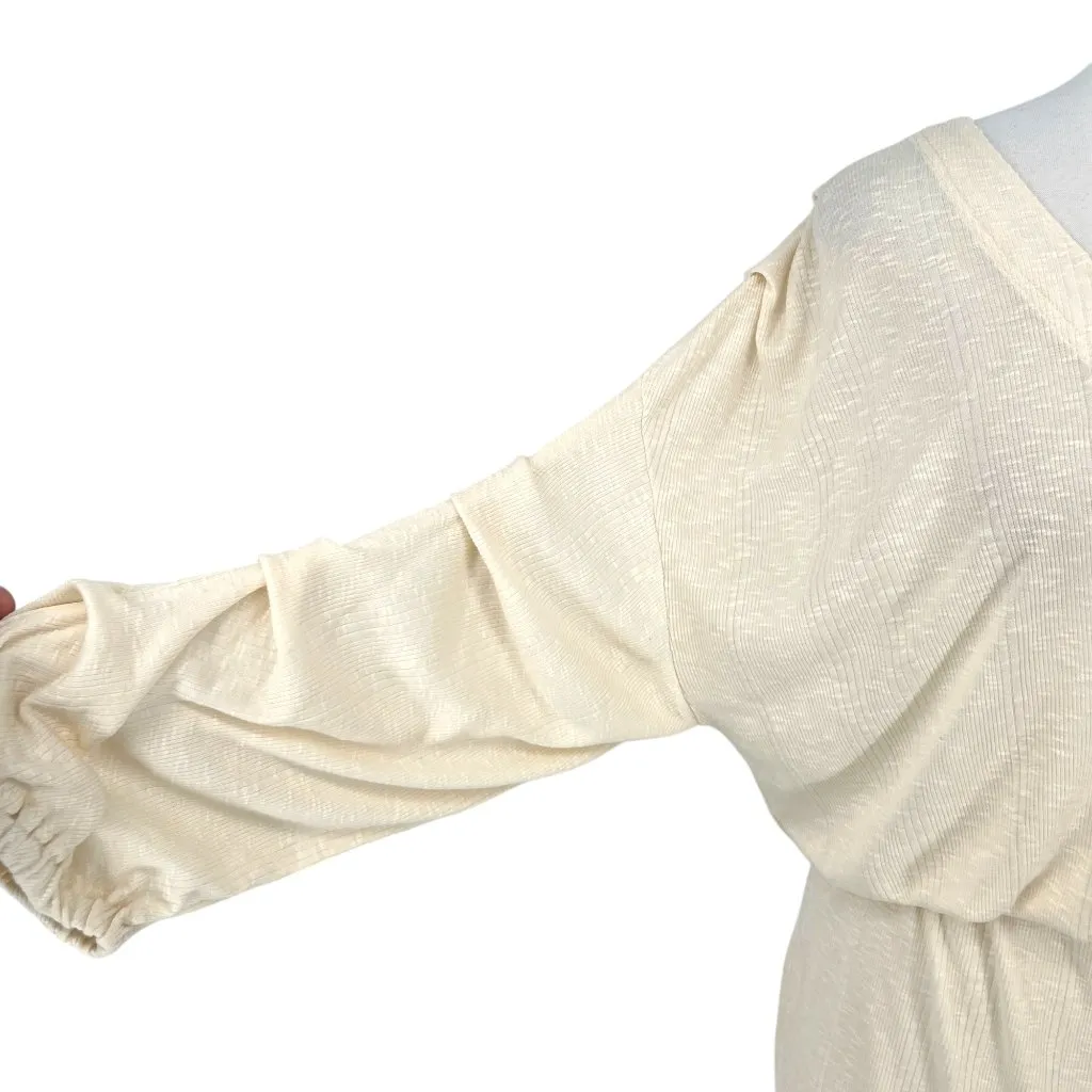 Free People Beach Bambi Mini Dress Ruched Sleeve V-Neck Ivory Cream Size Large - Image 3