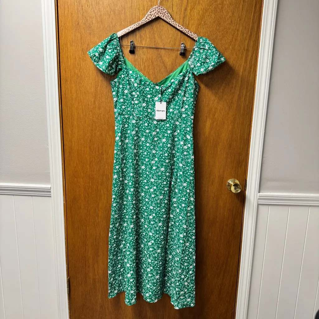 NEW Showpo Donissa Thigh Split Flutter Sleeve Dress Midi Floral Green 8 NWT - Image 15
