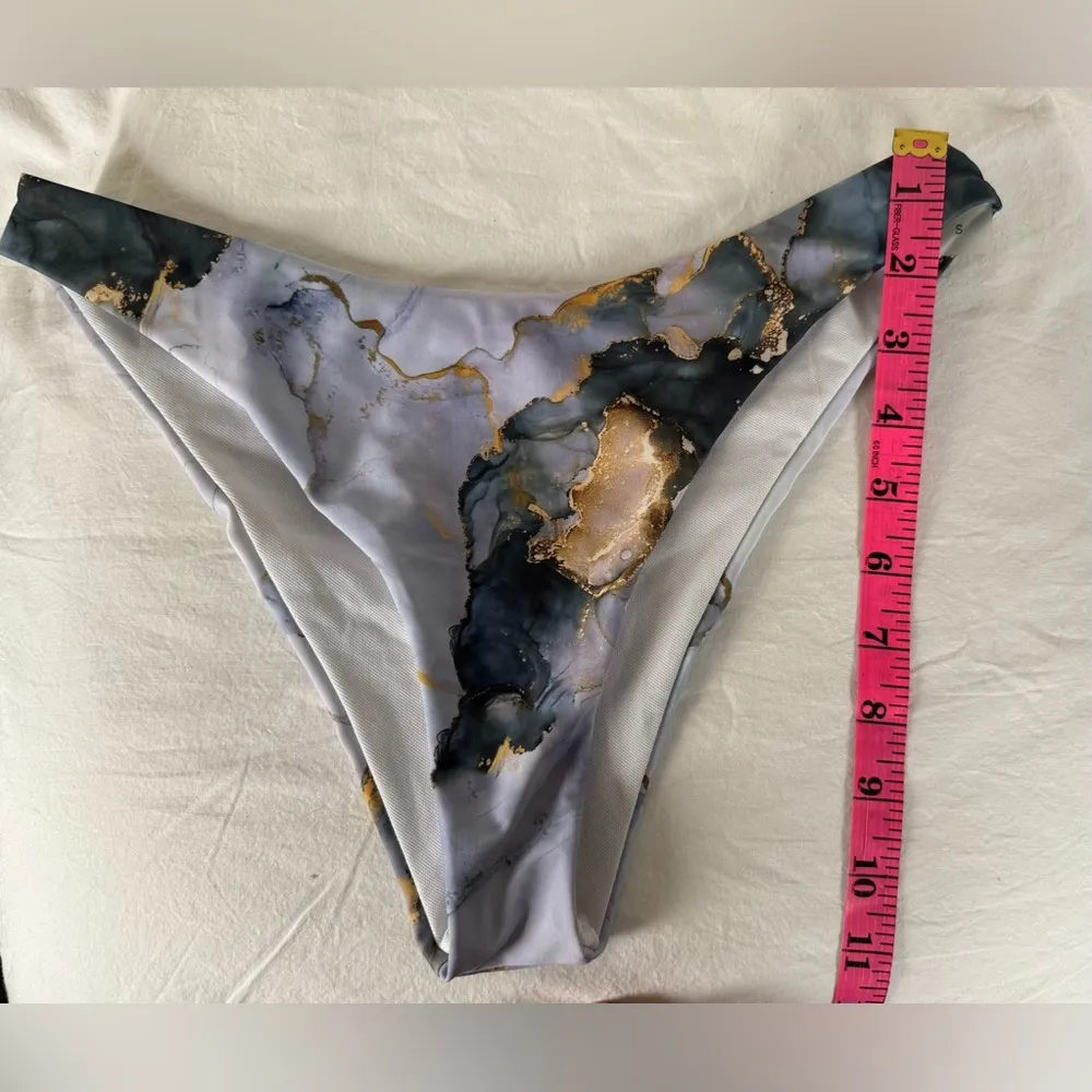 Grey and Navy Blue Marble Print High Rise Cheeky Bikini Bottoms Small - Image 8