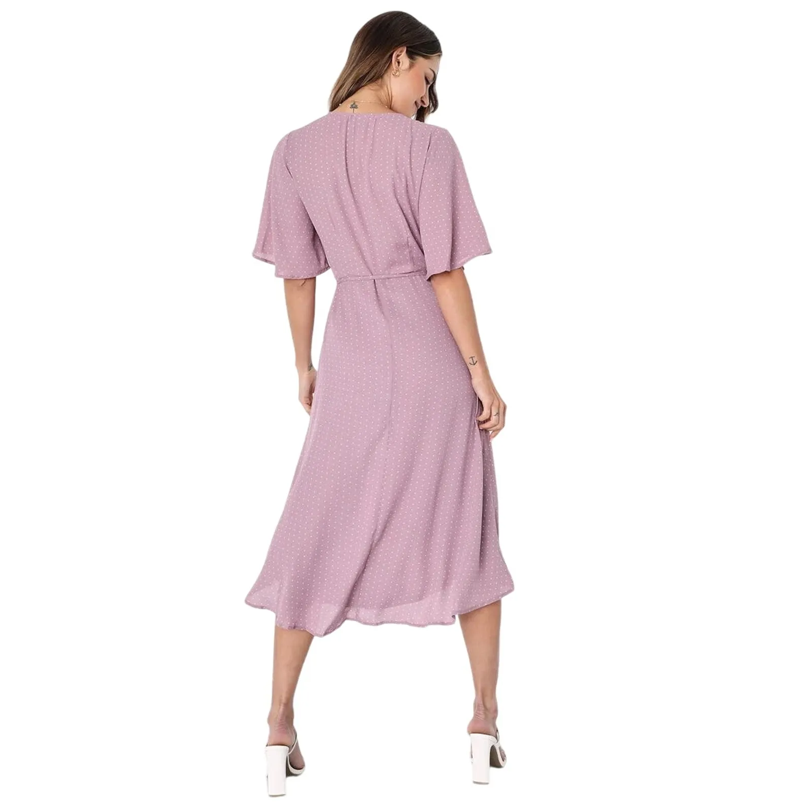 NEW Lulus Farah Pink Mauve V Neck Polka Dot Tie Flutter Sleeve Midi Wrap Dress M - Image 4