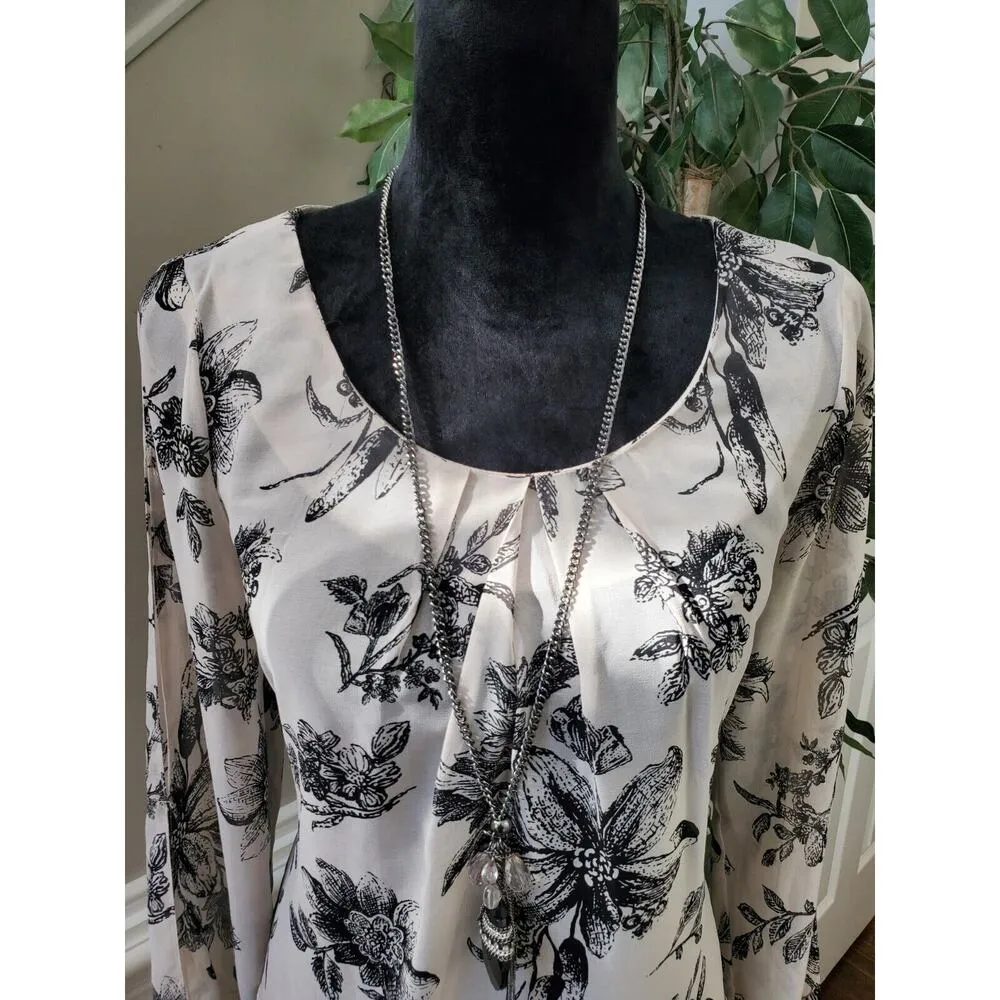 Love 21 Womens White Floral Arm Slit Long Sleeve Round Neck Top Blouse Medium - Image 2