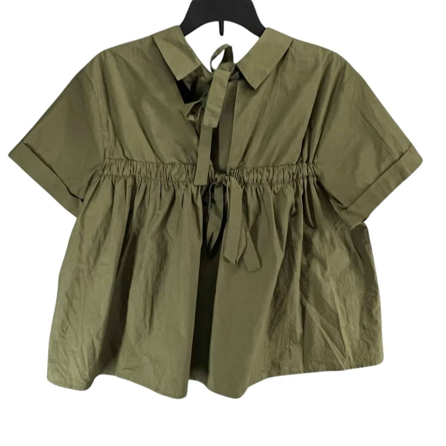 Lalu Blouse Womens S Olive Green Collared Back Cutout Tie Boxy Contemporary Top - Image 5