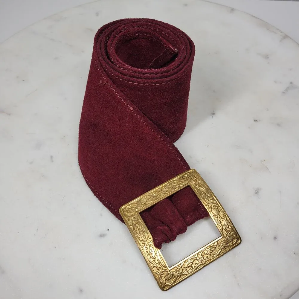 Vintage St Laurent Suede Belt 36" Burgundy Square Gold Floral Buckle Hippie Boho - Image 12