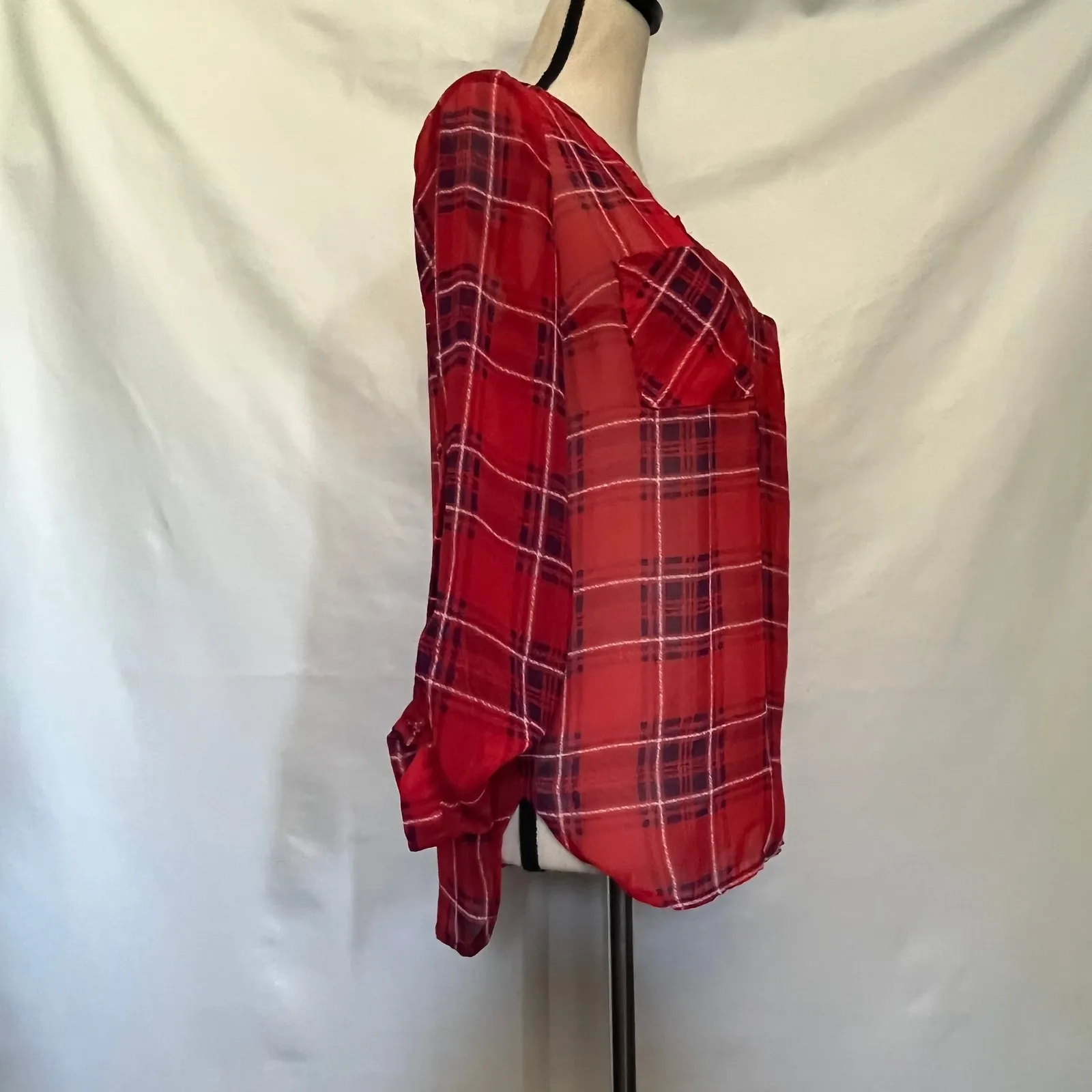 Skies are Blue Plaid Womens Top XS Boho Festival Chiffon Roll Tab Peasant Red - Image 3