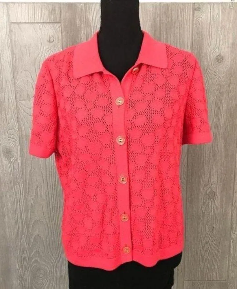 vintage St. John coral short sleeve cardigan shirt knit crochet pattern pink - Image 2