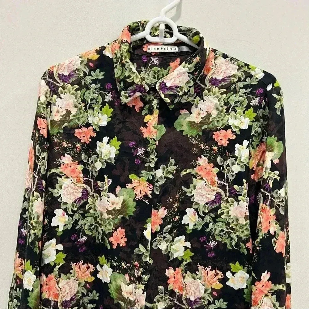 Alice + Olivia Floral Print Longline Button Down Viscose‎ Shirt sz L - Image 5