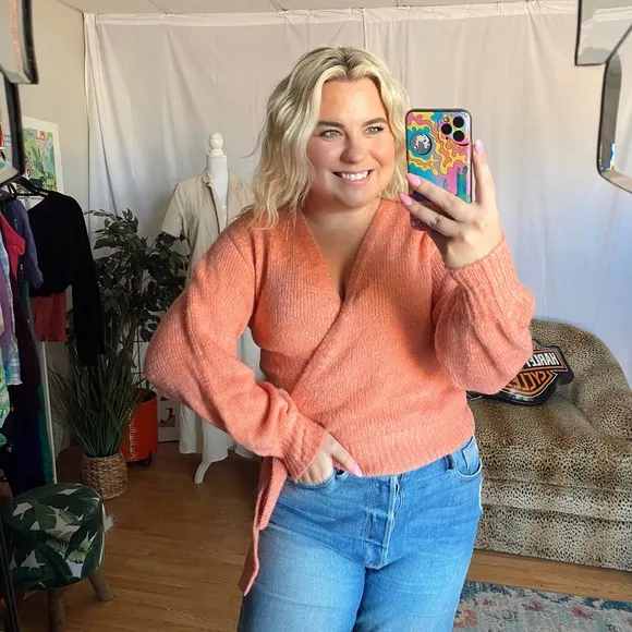 Pink Wrap Long Sleeve Sweater Peach Size Small - Image 29