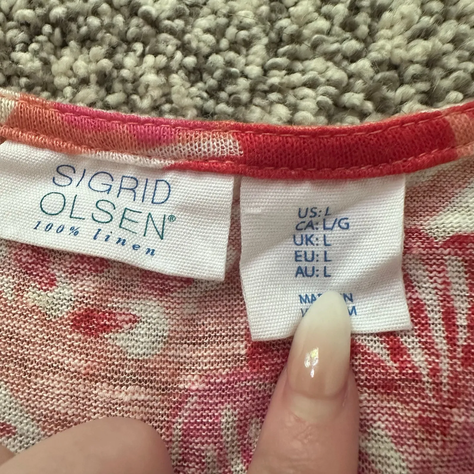 Sigrid Olsen pink, cream & red floral short sleeve linen top size L - Image 6