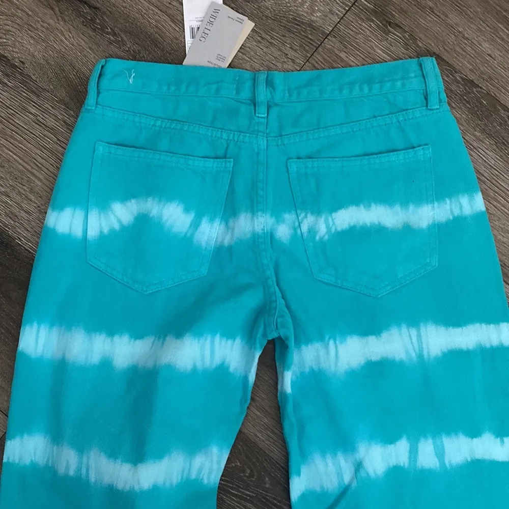 New MNG Teal & White Tie Dye Stripes Denim Wide Leg Jean Punk Trendy Festival - Image 4