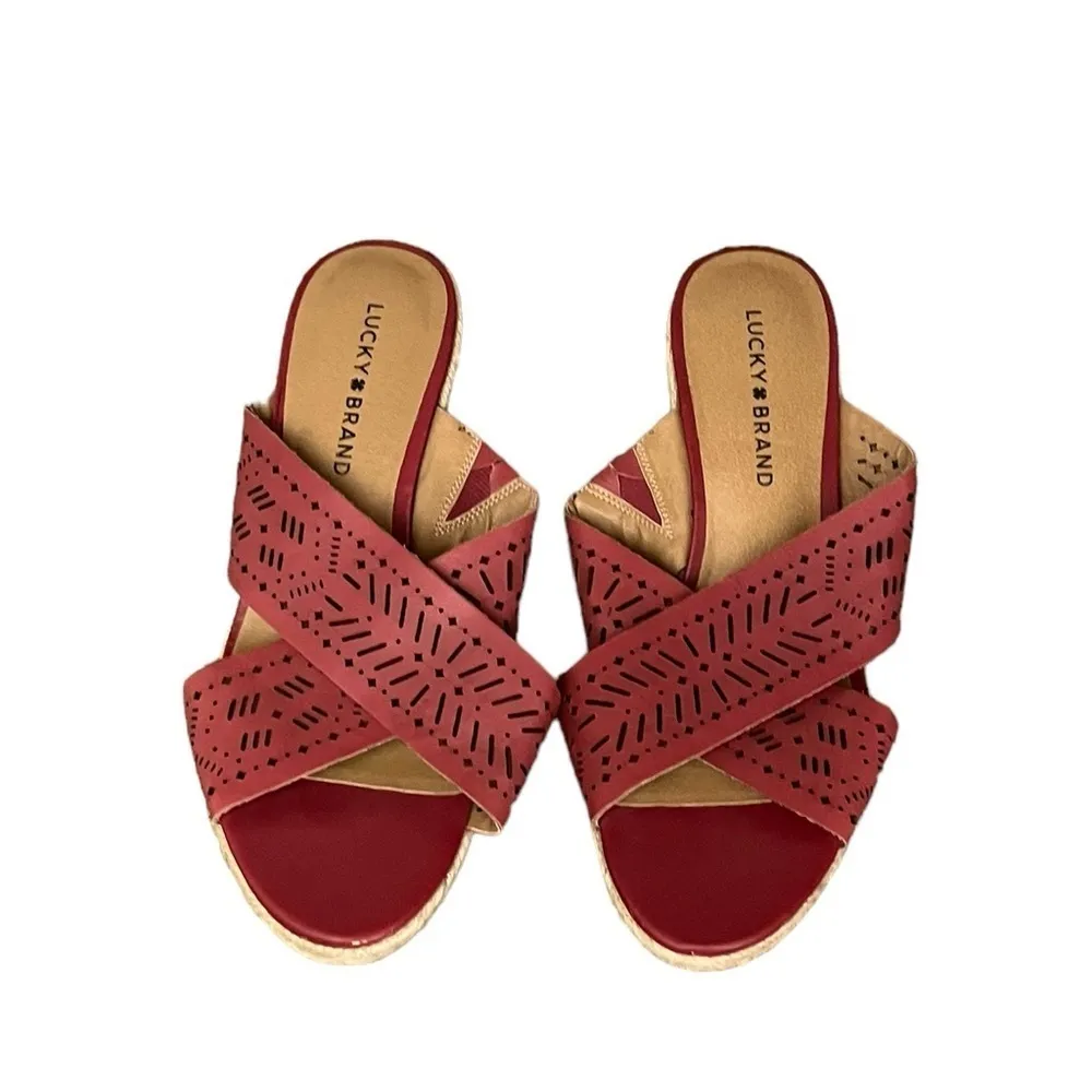 Lucky Brand Wedge Keela Rosewood Open Toe Leather Slip On  Sandals Size 8 Beach - Image 4