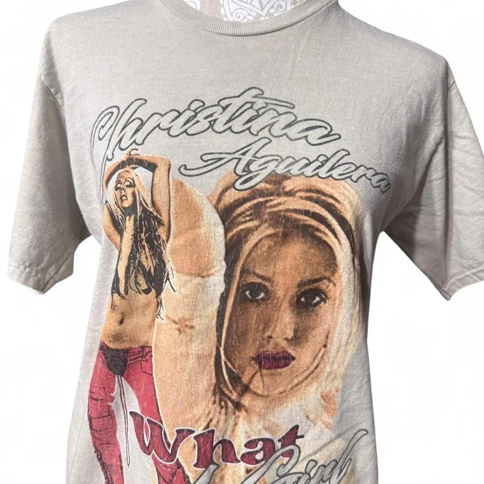 Christina Aguilera "What a Girl Wants" Short Sleeve Graphic Tee Y2K Size Small Tan - Image 2