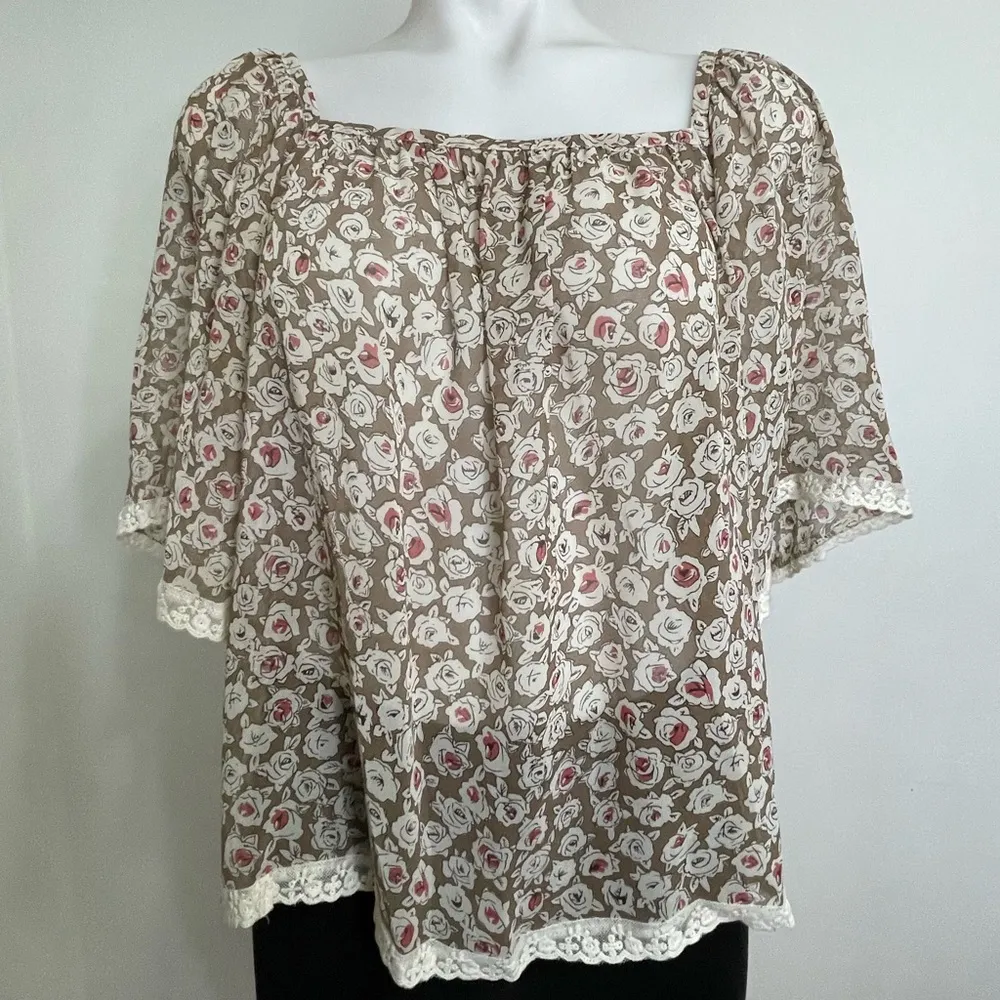 XXl Woven Loose Floral Blouse Top Cocoa Cream Pink size S Tan - Image 3