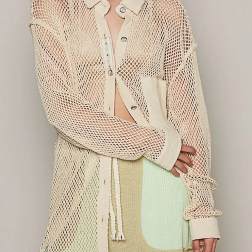 Pol open crochet Button down shacket. Antique white. Size Medium - Image 9