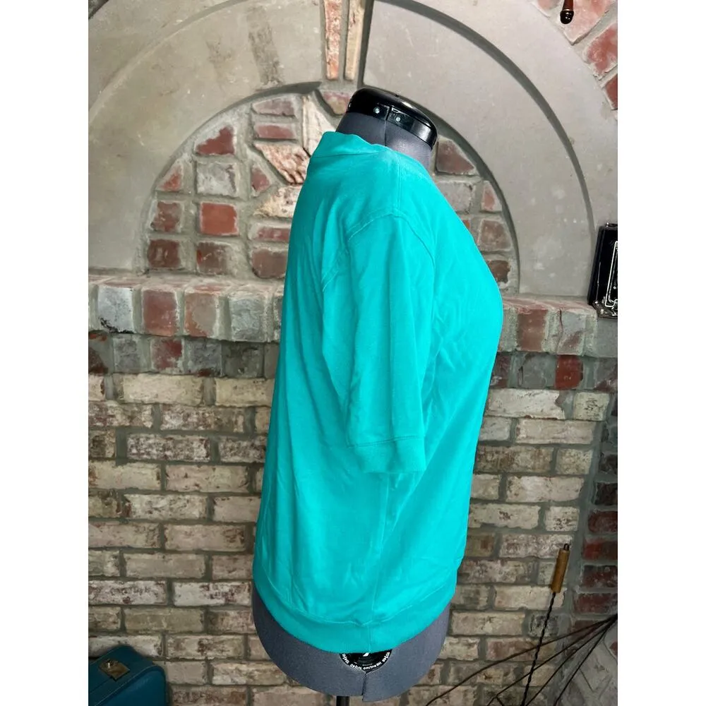 Jantzen T-shirt V neck plaid 1980s shoulder pads teal purple - Image 5